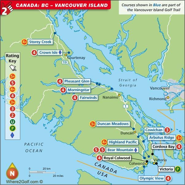 Քարտեզ կղզու Vancouver golf դասընթացներ