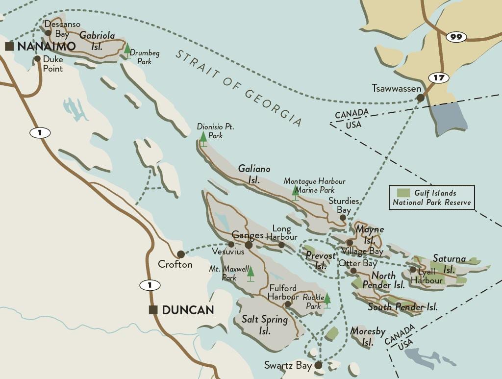քարտեզ կղզու Vancouver եւ կղզիների Галф