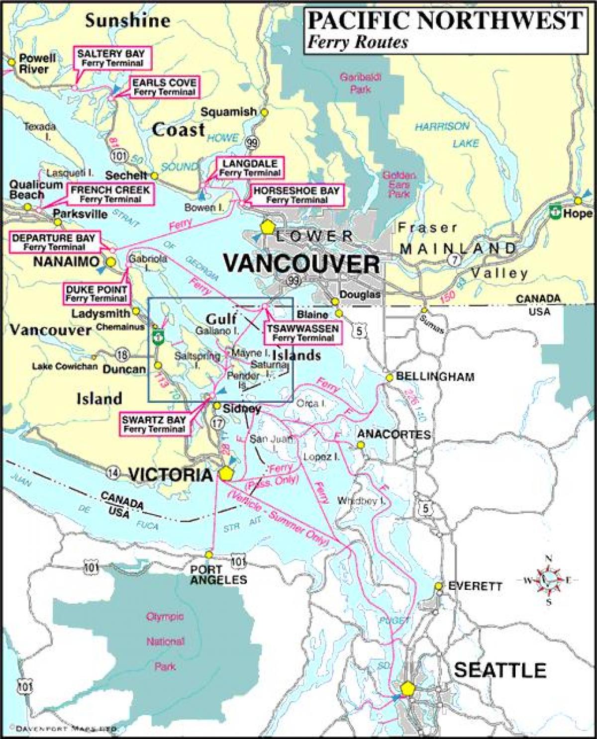 Vancouver կղզի լաստանավային ուղիների քարտեզի վրա