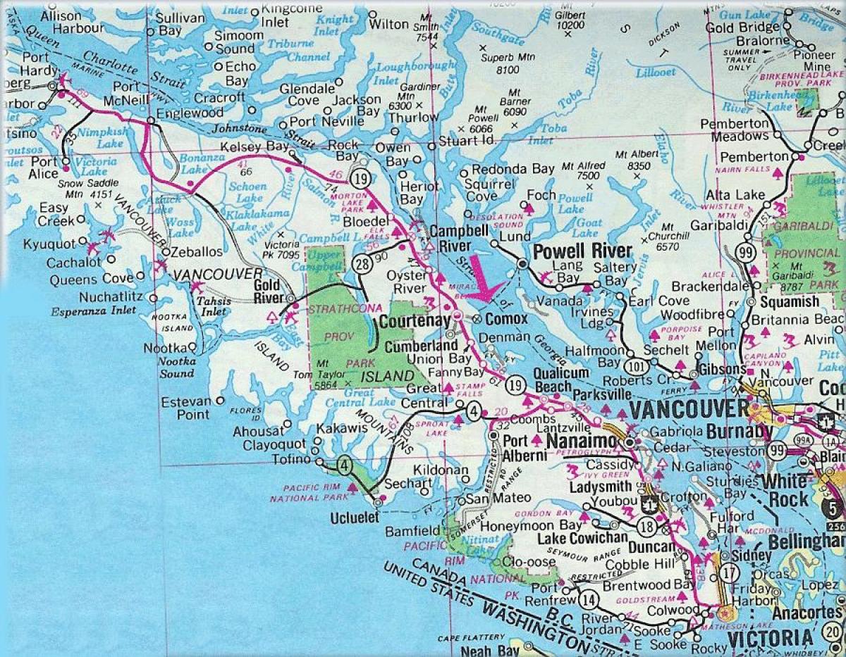 Քարտեզ կղզու Vancouver լճերի