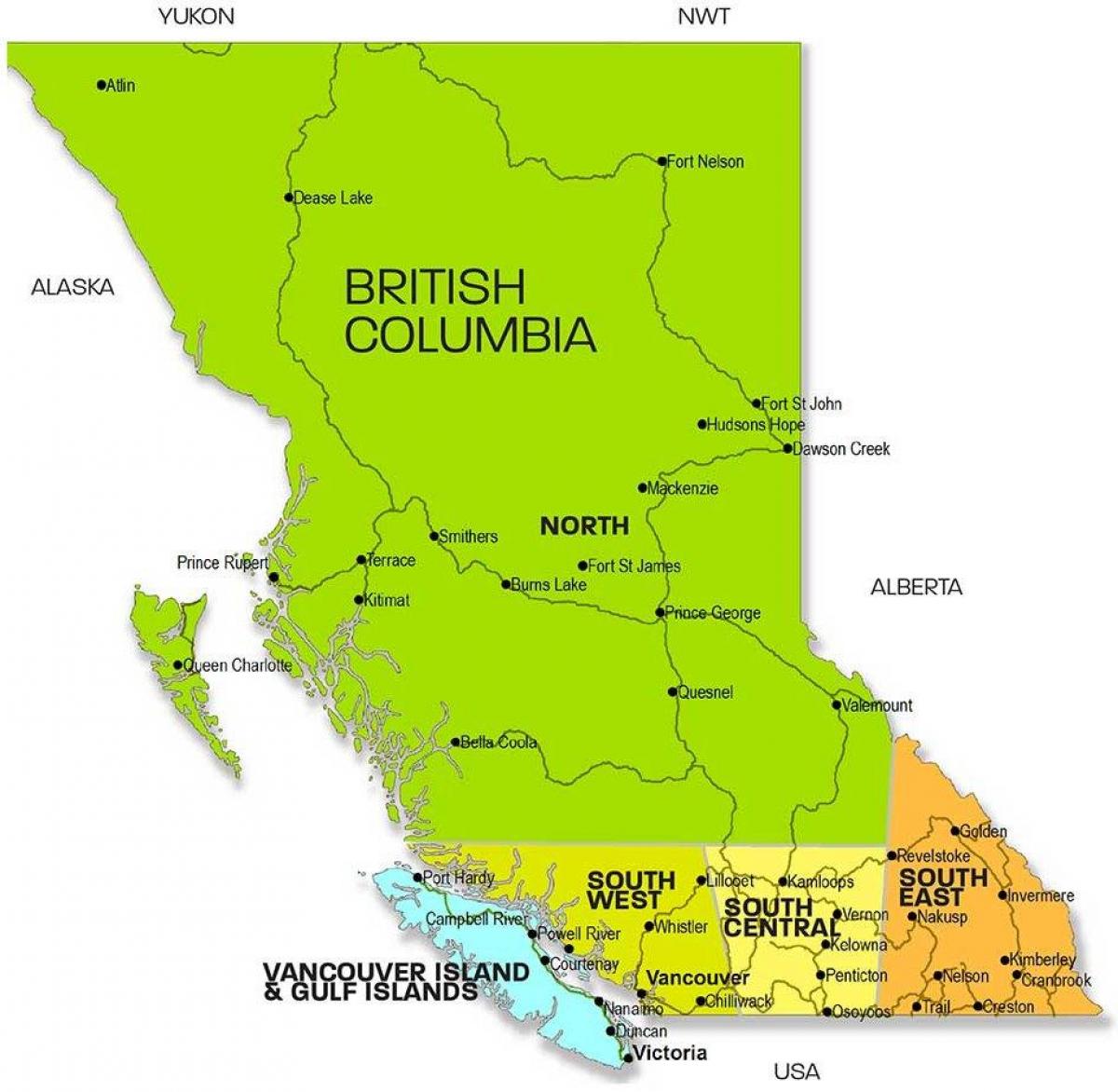 Քարտեզ տարածաշրջանների Բրիտանական Կոլումբիա