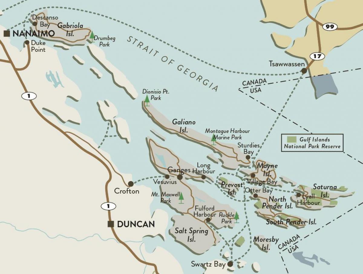 քարտեզ կղզու Vancouver եւ կղզիների Галф 