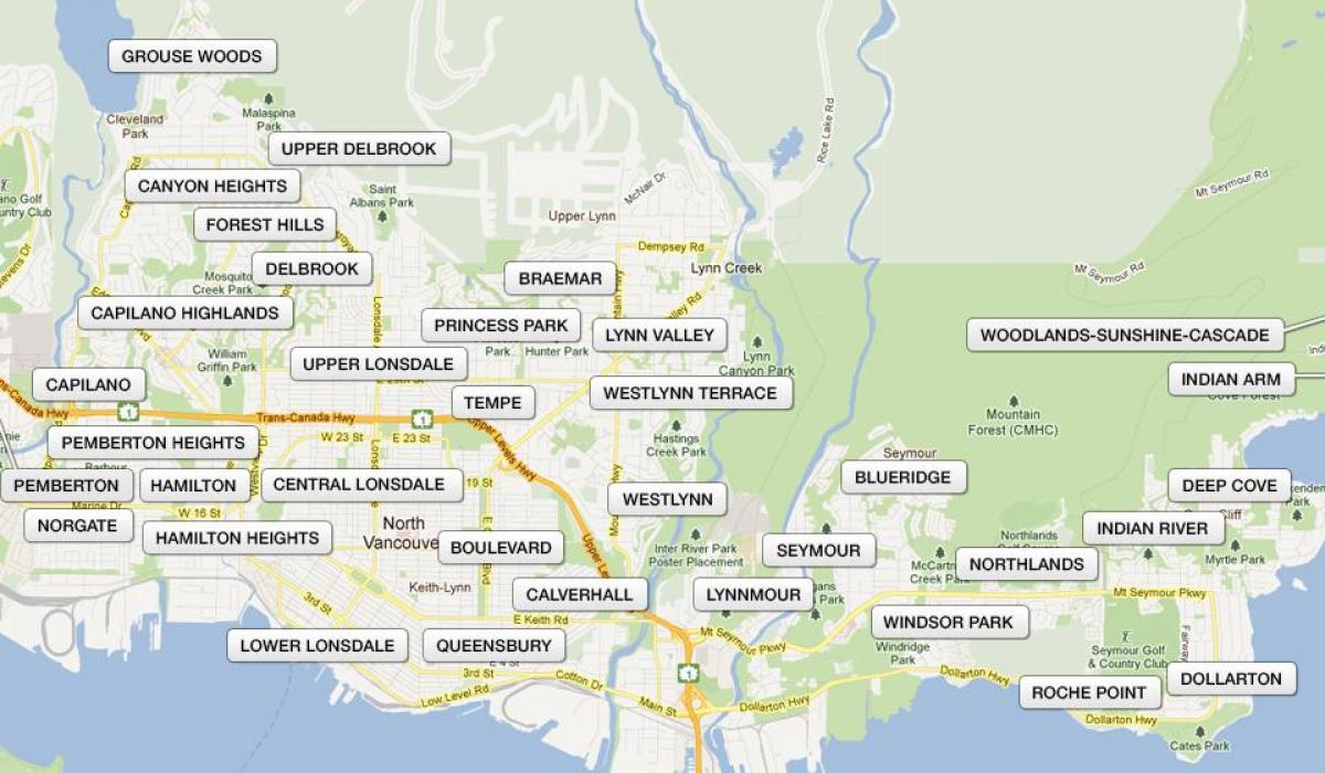 Քարտեզ շրջանների Հյուսիսային Vancouver 